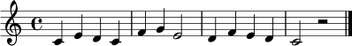 
\relative c' { \clef treble \key c \major \time 4/4 c4 e d c | f4 g e2 | d4 f e d | c2 r2 \bar "|." }
