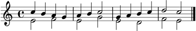 \version "2.24.0"
\score {
\new Staff <<
\clef treble
\key c \major
\time 4/4
\new Voice = "oben" { \voiceOne c''4 b' a' g' | a' b' c''2 | g'4 a' b' c'' | d''2 c'' \bar "|." }
\new Voice = "unten" { \voiceTwo e'2 f' | e' g' | e'2 d' | f' e' }
>>
\layout {}
\midi {}
}