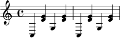 \relative c {
\key c \major
\time 4/4
c4 <e' g> g, <e' g> |
c,4 <e' g> g, <e' g> |
}