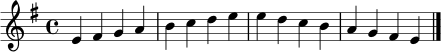 \relative c' {
\key e \minor
\time 4/4
e4 fis g a b c d e
e d c b a g fis e
\bar "|."
}