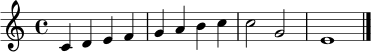 \relative c' { \clef treble \time 4/4 \key c \major c4 d e f | g a b c | c2 g | e1 \bar "|." }