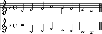 \relative c' <<
\new Staff { \key f \major \time 2/2 f2 g a c bes a g f \bar "|." }
\new Staff { \key f \major \time 2/2 r2 c d f e d c bes \bar "|." }
>>