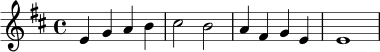 
\relative c' {
  \key e \dorian
  \time 4/4
  e4 g a b | cis2 b | a4 fis g e | e1
}
