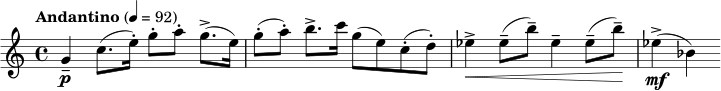  \relative c'' { \clef treble \time 4/4 \set Staff.midiInstrument = #"violin" \tempo "Andantino" 4=92 g4\p-- c8.( e16-.) g8-.[ a-.] g8.->( e16) | g8-.( a-.) b8.-> c16 g8( e) c-.( d-.) | ees4->\< ees8--( b'--) ees,4-- ees8--( b'--)\! | ees,4->\mf( bes) } 