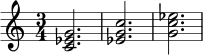 
\relative c' {
  \clef treble
  \time 3/4
  <c ees g>2.
  <ees g c>2.
  <g c ees>2.
}
