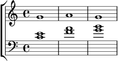\new ChoirStaff <<
\new Staff \relative c'' {
\clef treble
\time 4/4
g1 |
a1 |
g1 |
}
\new Staff \relative c' {
\clef bass
\time 4/4
<c e>1 |
<f a>1 |
<g b>1 |
}
>>