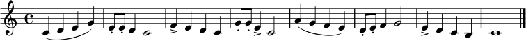 \relative c' {
\clef treble
\time 4/4
\key c \major
c4( d e g) | e8-. e-. d4 c2 | f4-> e d c | g'8-. g-. e4-> c2 |
a'4( g f e) | d8-. e-. f4 g2 | e4-> d c b | c1 \bar "|."
}