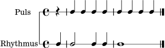 \version "2.24.0"
\score {
<<
\new RhythmicStaff \with { instrumentName = "Puls" } {
\time 4/4
\partial 4 r4 | c4 c4 c4 c4 | c4 c4 c4 c4 \bar "|."
}
\new RhythmicStaff \with { instrumentName = "Rhythmus" } {
\time 4/4
\partial 4 c4 | c2 c4 c4 | c1 \bar "|."
}
>>
\layout { }
\midi { \tempo 4 = 88 }
}