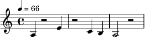 \relative c' {
\time 4/4
\key a \minor
\tempo 4=66
\set Staff.midiInstrument = "acoustic grand"
a4 r2 e'4 | r2 c4 b | a2 r2 |
}
