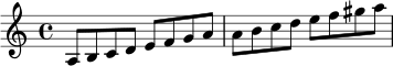 
\relative c' {
  \clef treble
  \time 4/4
  a8 b c d e f g a
  a8 b c d e f gis a
}
