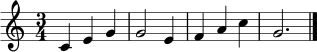 \relative c' {
\time 3/4
\key c \major
c4 e g |
g2 e4 |
f4 a c |
g2. \bar "|."
}