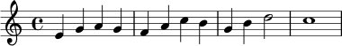 \relative c' {
\key c \major
\time 4/4
e4 g4 a4 g4 |
f4 a4 c4 b4 |
g4 b4 d2 |
c1 |
}