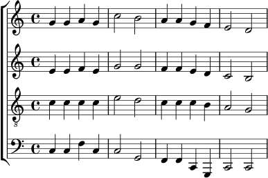 \new ChoirStaff <<
\new Staff {
\relative c'' {
\key c \major
\time 4/4
g4 g a g | c2 b | a4 a g f | e2 d
}
}
\new Staff {
\relative c' {
\key c \major
\time 4/4
e4 e f e | g2 g | f4 f e d | c2 b
}
}
\new Staff {
\clef "treble_8"
\relative c' {
\key c \major
\time 4/4
c4 c c c | e2 d | c4 c c b | a2 g
}
}
\new Staff {
\clef bass
\relative c {
\key c \major
\time 4/4
c4 c f c | c2 g | f4 f c g | c2 c
}
}
>>