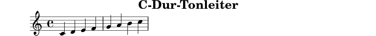 
X:1
T:C-Dur-Tonleiter
M:4/4
L:1/4
K:C
C D E F | G A B c |
