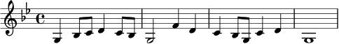 \relative c' {
\key g \minor
\time 4/4
g4 bes8 c d4 c8 bes |
g2 f'4 d |
c4 bes8 g c4 d |
g,1 |
}