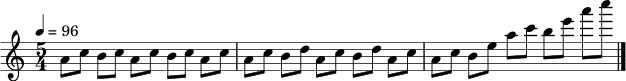 \relative c'' { \set Staff.midiInstrument = "marimba" \time 5/4 \key a \minor \tempo 4 = 96 a8 c b c a c b c a c | a c b d a c b d a c | a c b e a c b e a c \bar "|." }