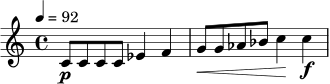
\relative c' {
  \time 4/4
  \tempo 4 = 92
  c8\p c c c ees4 f |
  g8\< g aes bes c4\! c\f |
}
