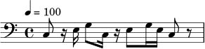 
\relative c {
  \version "2.24.0"
  \tempo 4 = 100
  \time 4/4
  \clef bass
  c8 r16 e16 g8 c,16 r16 e8 g16 e16 c8 r8
}
