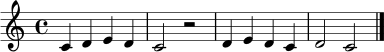 \relative c' {
\clef treble
\key c \major
\time 4/4
c4 d e d | c2 r2 | d4 e d c | d2 c \bar "|."
}