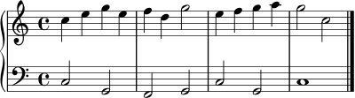 \version "2.24.0"
rechts = \relative c'' {
\clef treble
\key c \major
\time 4/4
c4 e g e | f d g2 | e4 f g a | g2 c,2 \bar "|."
}
links = \relative c {
\clef bass
\key c \major
\time 4/4
c2 g | f g | c g | c1 \bar "|."
}
\score {
\new PianoStaff <<
\new Staff = "rechts" \with { midiInstrument = "acoustic grand" } \rechts
\new Staff = "links" \with { midiInstrument = "acoustic grand" } \links
>>
\layout { }
\midi { \tempo 4 = 80 }
}