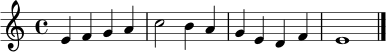 \relative c' {
\key c \major
\time 4/4
e4 f g a |
c2 b4 a |
g4 e d f |
e1 |
\bar "|."
}