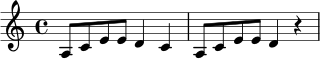 \relative c' {
\key a \minor
\time 4/4
a8 c e e d4 c | a8 c e e d4 r |
}