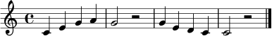 \relative c' { \clef treble \key c \major \time 4/4 c4 e g a | g2 r2 | g4 e d c | c2 r2 | \bar "|." }