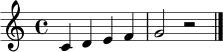 \relative c' { \clef treble \time 4/4 c4 d e f | g2 r2 \bar "|." }