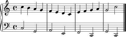 
\version "2.24.0"
\score {
  \new PianoStaff <<
    \new Staff = "right" {
      \clef treble
      \key c \major
      \time 4/4
      \relative c'' { c4 b a g | f e d c | e f g a | g2 c \bar "|." }
    }
    \new Staff = "left" {
      \clef bass
      \key c \major
      \time 4/4
      \relative c { c2 g | a e | f c | g' c, \bar "|." }
    }
  >>
  \layout { }
  \midi { \tempo 4 = 92 }
}
