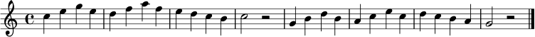 \relative c'' { \key c \major \time 4/4 c4 e g e | d4 f a f | e4 d c b | c2 r2 | g4 b d b | a4 c e c | d4 c b a | g2 r2 \bar "|." }
