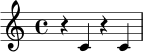 
\relative c' {
  \time 4/4
  r4 c4 r4 c4 |
}
