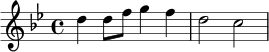 \relative c'' {
\key g \minor
\time 4/4
d4 d8 f g4 f |
d2 c |
}