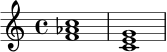 \relative c' {
\key c \major
\time 4/4
<f aes c>1 |
<c e g>1 |
}