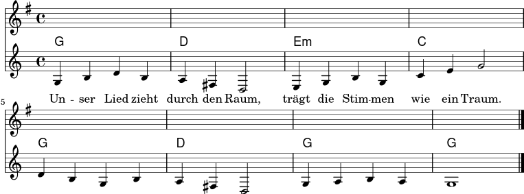 \relative c' {
\key g \major
\time 4/4
<<
\new ChordNames \chordmode {
g1 d e:m c g d g g
}
\new Staff {
g4 b d b | a4 fis d2 | e4 g b g | c4 e g2 |
d4 b g b | a4 fis d2 | g4 a b a | g1 \bar "|."
}
\addlyrics {
Un -- ser Lied zieht durch den Raum, trägt die Stim -- men wie ein Traum.
}
>>
}