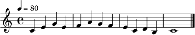 \relative c' {
\key c \major
\time 4/4
\tempo 4 = 80
c4 e g e | f a g f | e c d b | c1 \bar "|."
}