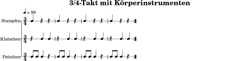 \version "2.18.2"
\paper { indent = 0\mm }
\header { title = "3/4-Takt mit Körperinstrumenten" tagline = ##f }
global = { \time 3/4 \tempo 4 = 96 }
stamp = { \global \repeat volta 2 { c4 r4 r4 | c4 r4 r4 | c4 r4 r4 | c4 r4 r4 } \bar "|." }
klatsch = { \global \repeat volta 2 { r4 c4 c4 | r4 c4 c4 | r4 c4 c4 | r4 c4 c4 } \bar "|." }
patsch = { \global \repeat volta 2 { c8 c8 c4 r4 | c8 c8 c4 r4 | c8 c8 c4 r4 | c8 c8 c4 r4 } \bar "|." }
\score {
<<
\new RhythmicStaff \with { instrumentName = "Stampfen" } \stamp
\new RhythmicStaff \with { instrumentName = "Klatschen" } \klatsch
\new RhythmicStaff \with { instrumentName = "Patschen" } \patsch
>>
\layout { }
\midi { }
}