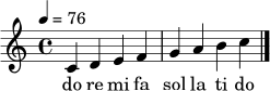 
\relative c' { \tempo 4 = 76 \clef treble \key c \major \time 4/4 c4 d e f | g a b c \bar "|." }
\addlyrics { do re mi fa sol la ti do }
