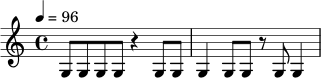 
\relative c' {
\time 4/4
\tempo 4 = 96
g8 g g g r4 g8 g |
g4 g8 g r8 g g4
}
