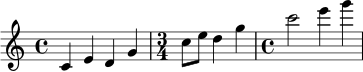 
\relative c' {
  \time 4/4
  c4 e d g |
  \time 3/4
  c8 e d4 g |
  \time 4/4
  c2 e4 g |
}
