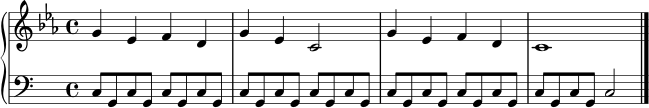 \new PianoStaff <<
\new Staff \relative c'' { \key c \minor \time 4/4 g4 ees f d | g ees c2 | g'4 ees f d | c1 \bar "|." }
\new Staff \relative c { \clef bass c8 g c g c g c g | c g c g c g c g | c g c g c g c g | c g c g c2 \bar "|." }
>>