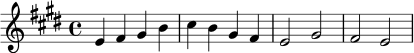\relative c' {
\key e \major
\time 4/4
e4 fis gis b |
cis b gis fis |
e2 gis |
fis2 e |
}