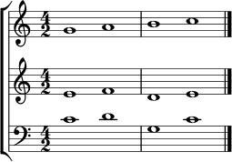 \score {
\new ChoirStaff <<
\new Staff \relative c'' { \clef treble \key c \major \time 4/2 g1 a | b c \bar "|." }
\new Staff \relative c' { \clef treble \key c \major \time 4/2 e1 f | d e \bar "|." }
\new Staff \relative c' { \clef bass \key c \major \time 4/2 c1 d | g, c \bar "|." }
>>
\layout { }
\midi { }
}