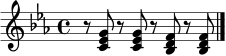 \relative c' {
\time 4/4
\key c \minor
r8 <c ees g>8 r8 <c ees g>8 r8 <bes d f>8 r8 <bes d f>8
\bar "|."
}