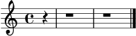 \version "2.24.0"
\score {
\new Staff \relative c' {
\clef treble
\key c \major
\time 4/4
\partial 4 r4 | r1 | r1 \bar "|."
}
\layout { }
}