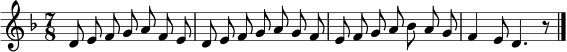 \relative c' { \time 7/8 \key d \minor d8 e f g a f e | d e f g a g f | e f g a bes a g | f4 e8 d4. r8 \bar "|." }