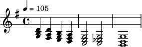 \relative c' {
\key g \major
\time 4/4
\tempo 4 = 105
<g b d>4 <fis a d> <e g b> <d fis a> |
<c e g>2 <c ees g> |
<b d g>1
}