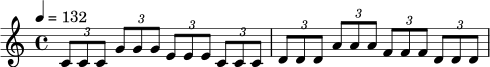 \relative c' {
\time 4/4
\tempo 4 = 132
\tuplet 3/2 { c8 c c } \tuplet 3/2 { g'8 g g }
\tuplet 3/2 { e8 e e } \tuplet 3/2 { c8 c c } |
\tuplet 3/2 { d8 d d } \tuplet 3/2 { a'8 a a }
\tuplet 3/2 { f8 f f } \tuplet 3/2 { d8 d d } |
}