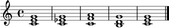 \relative c' { \time 4/4 <c e g>1 | <c ees g>1 | <c f a>1 | <b d g>1 | <c e g>1 \bar "|." }