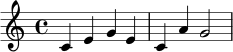 \relative c' { \clef treble \key c \major \time 4/4 c4 e g e | c a' g2 | }