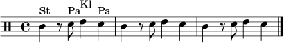 \relative c' {
\clef percussion
\time 4/4
c4^\markup { "St" } r8 d8^\markup { "Pa" } e4^\markup { "Kl" } d4^\markup { "Pa" } |
c4 r8 d8 e4 d4 |
c4 r8 d8 e4 d4
\bar "|."
}